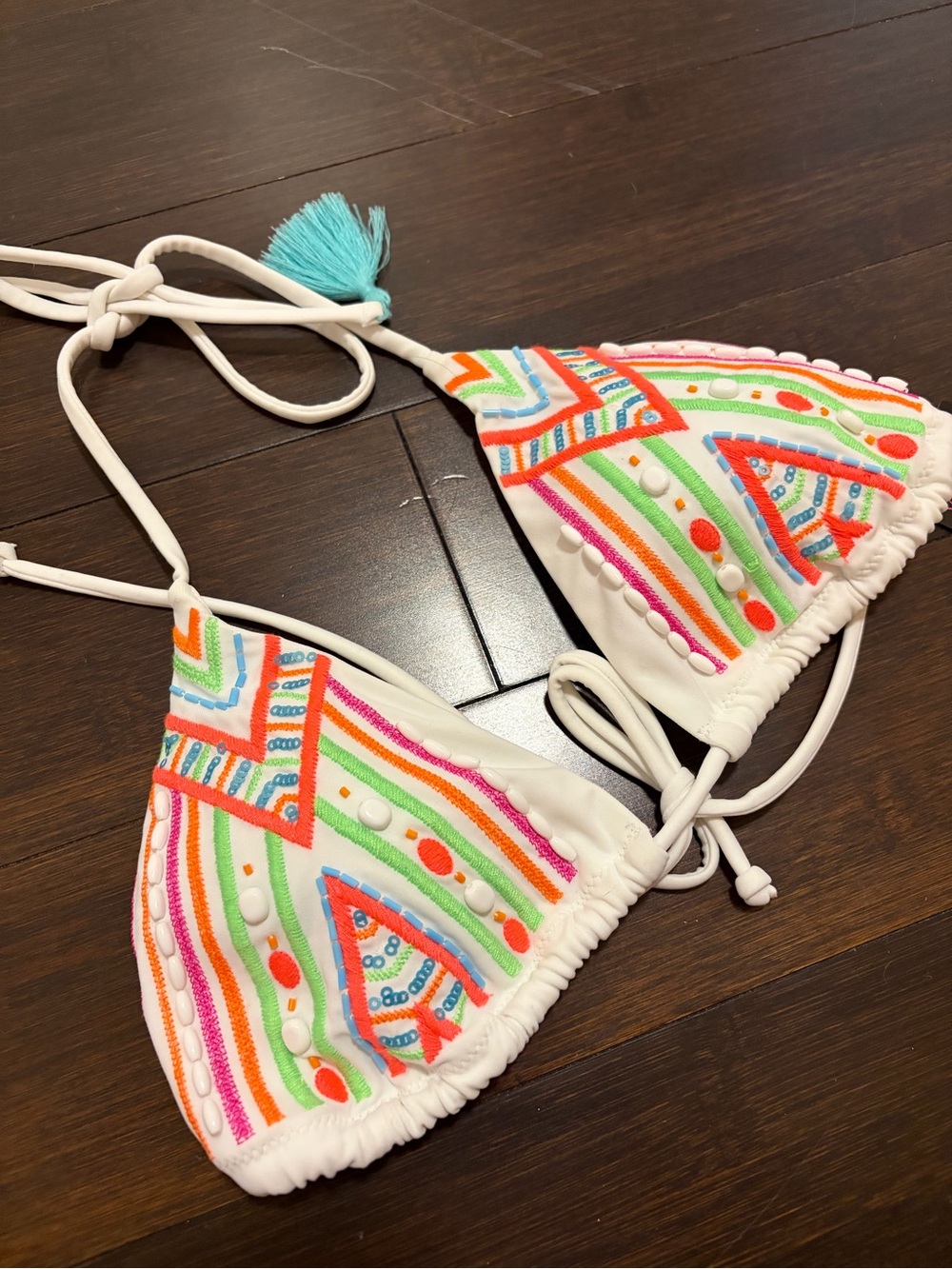 Victoria’s Secret White Triangle Bikini Top Beaded Embroidered Neon